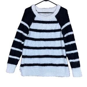 LOFT Women Sweater White Black Striped Fuzzy Boat Neck Long Sleeve Small